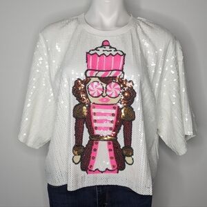 Simply Southern white pink sequin nutcracker Christmas holiday top M